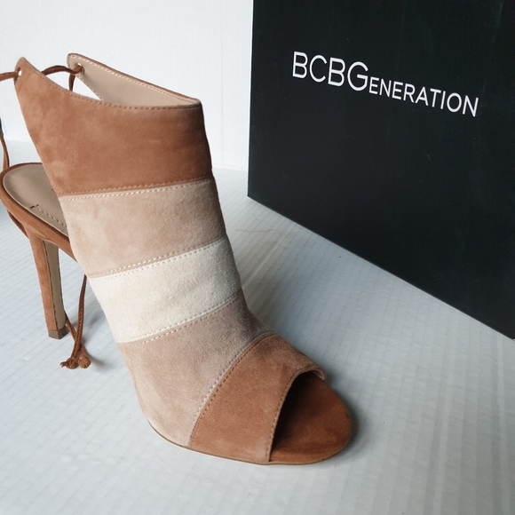 BCBGeneration Meirin Brown/Tan Colorblock Open Toe Tie Stiletto Heel Sandals  7 - Picture 12 of 16
